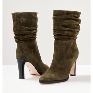 Paige Carrie Slouchy Suede Olive Green Pointed Toe Heeled Boots 7.5 Mid-Calf